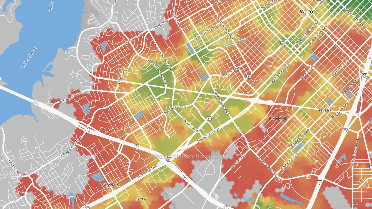 Walk Grade map of Richland Hills, Waco, TX, walkable areas in green and car-dependent areas in red