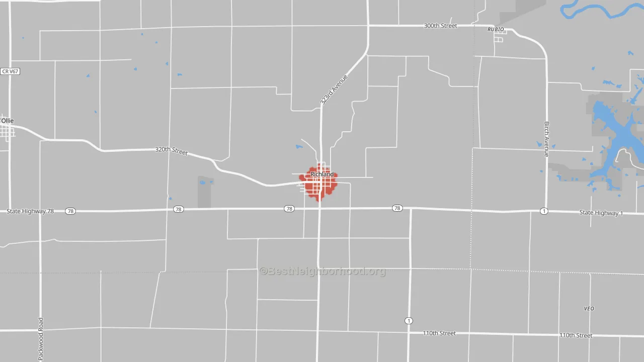 Walk Grade map of Richland, IA, walkable areas in green and car-dependent areas in red