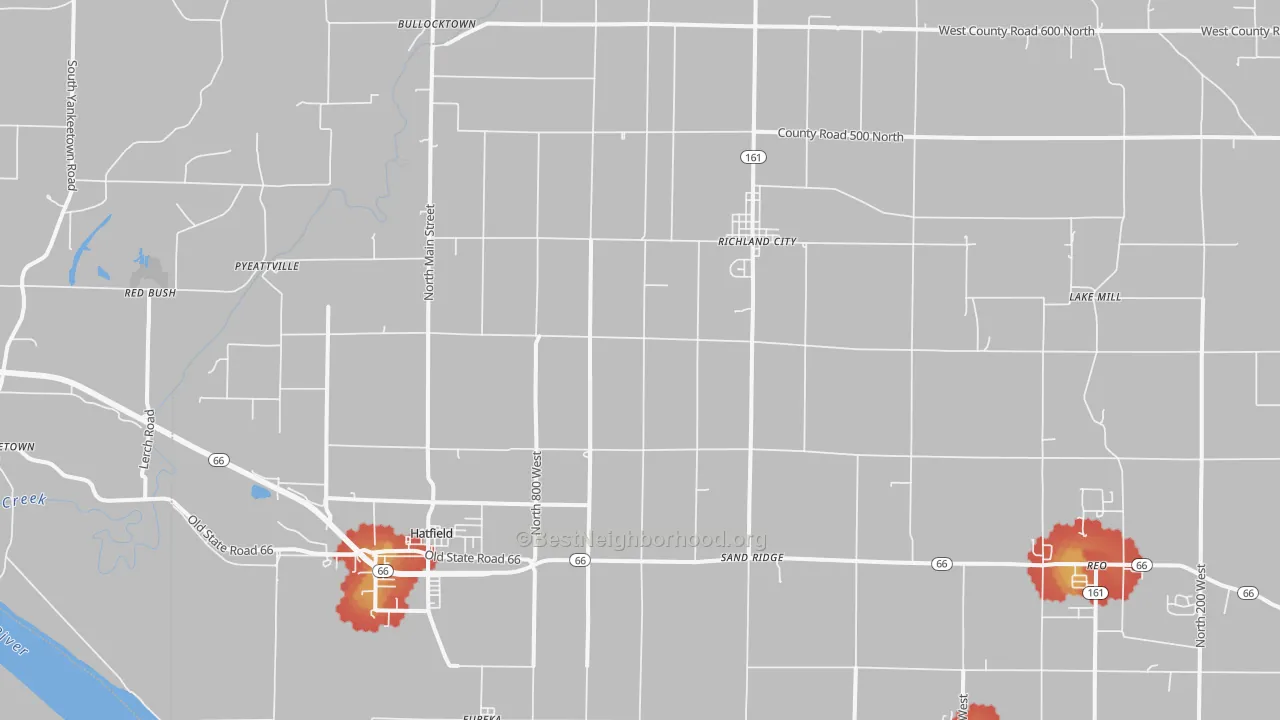 Walk Grade map of Richland, IN, walkable areas in green and car-dependent areas in red
