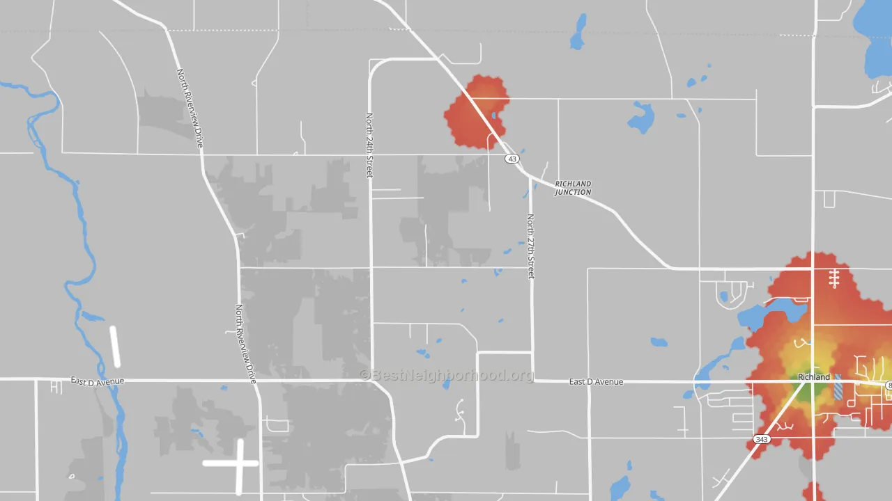 Walk Grade map of Richland Junction, MI, walkable areas in green and car-dependent areas in red
