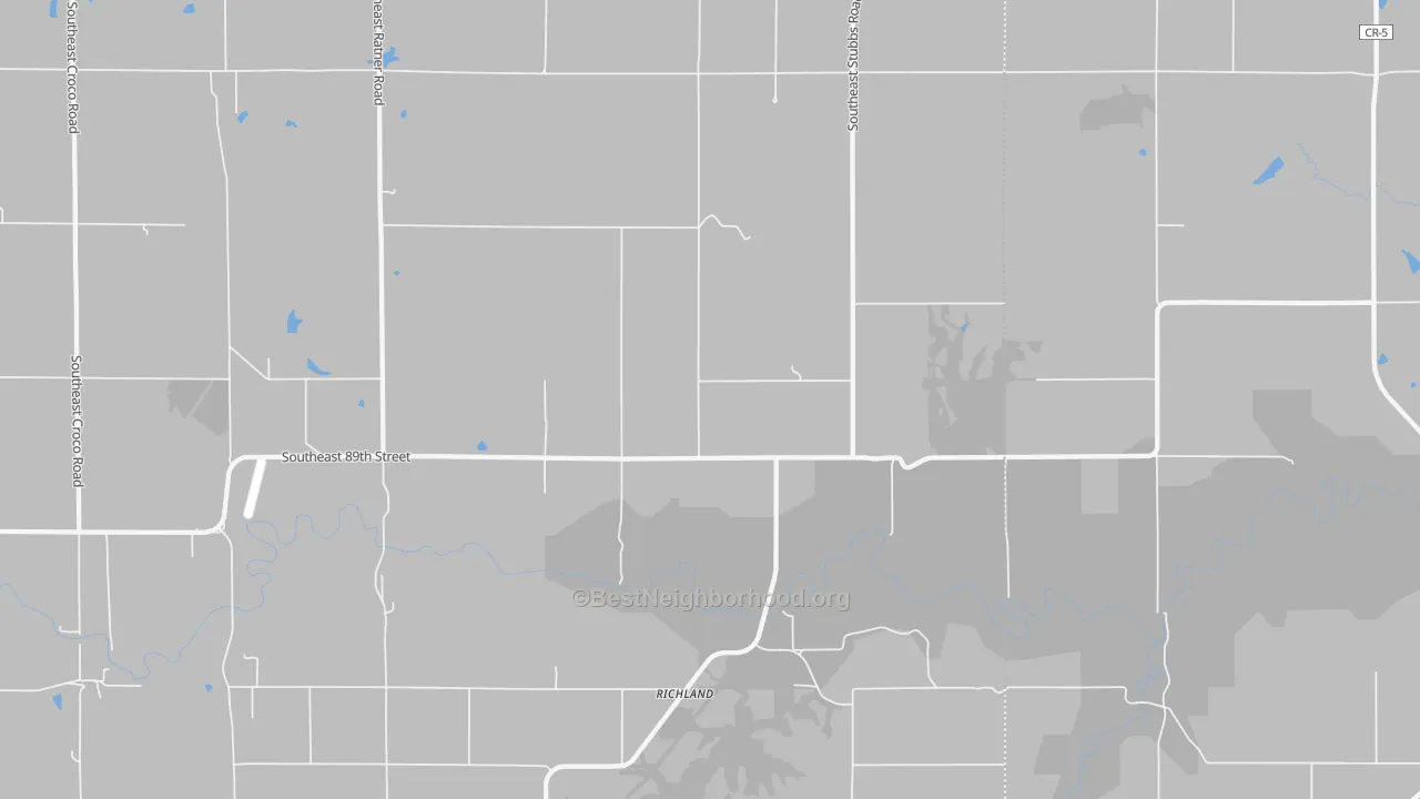 Walk Grade map of Richland, KS, walkable areas in green and car-dependent areas in red