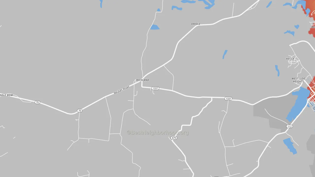 Walk Grade map of Richland, KY, walkable areas in green and car-dependent areas in red
