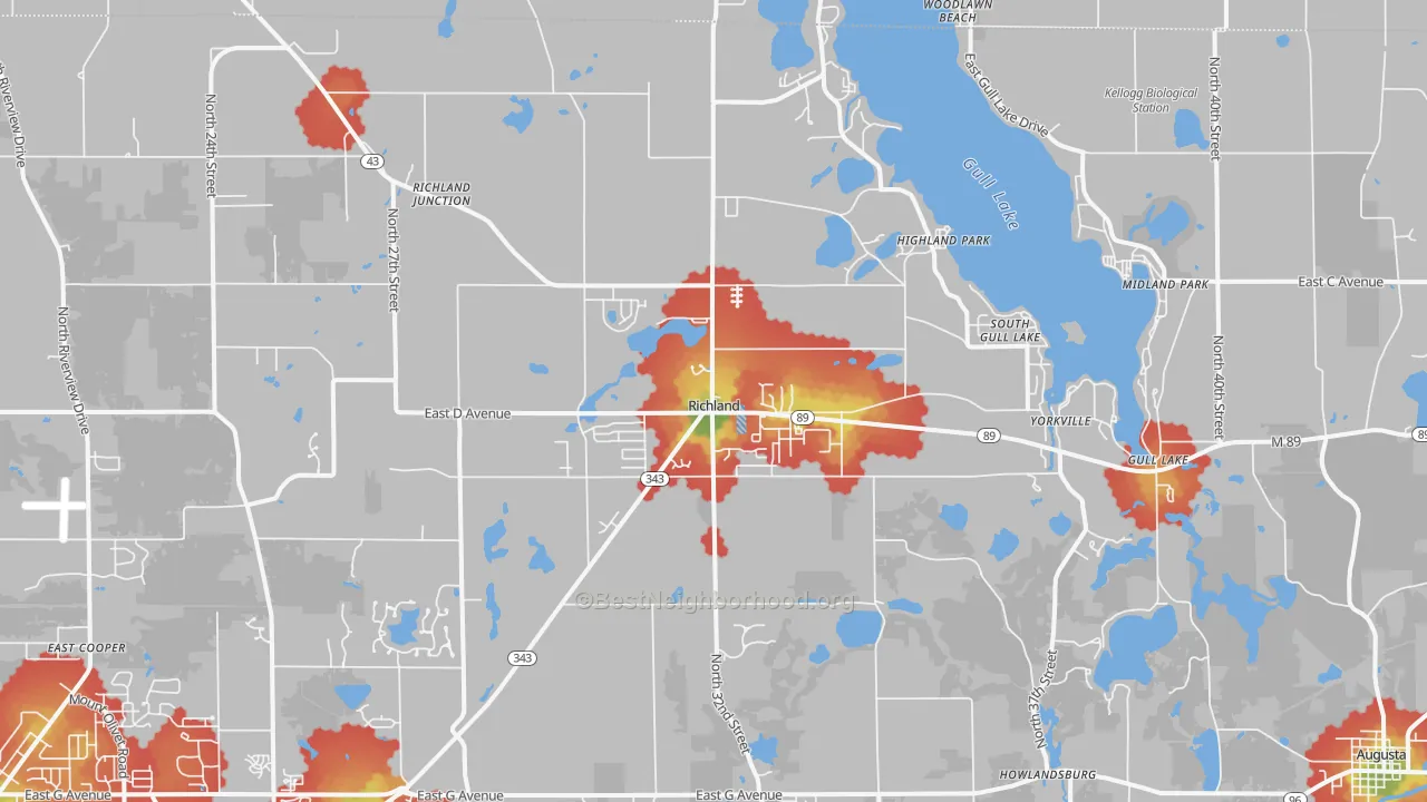 Walk Grade map of Richland, MI, walkable areas in green and car-dependent areas in red