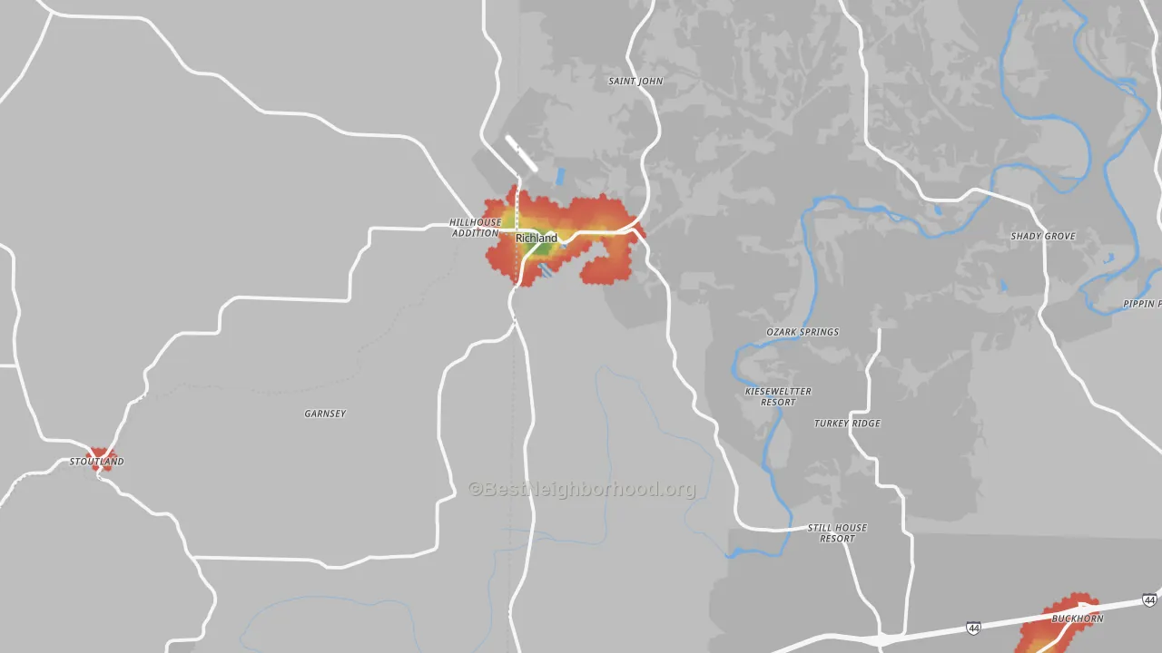 Walk Grade map of Richland, MO, walkable areas in green and car-dependent areas in red