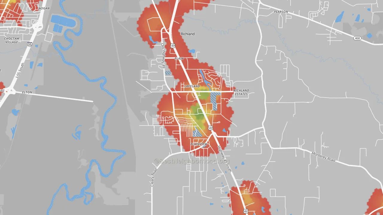 Walk Grade map of Richland, MS, walkable areas in green and car-dependent areas in red