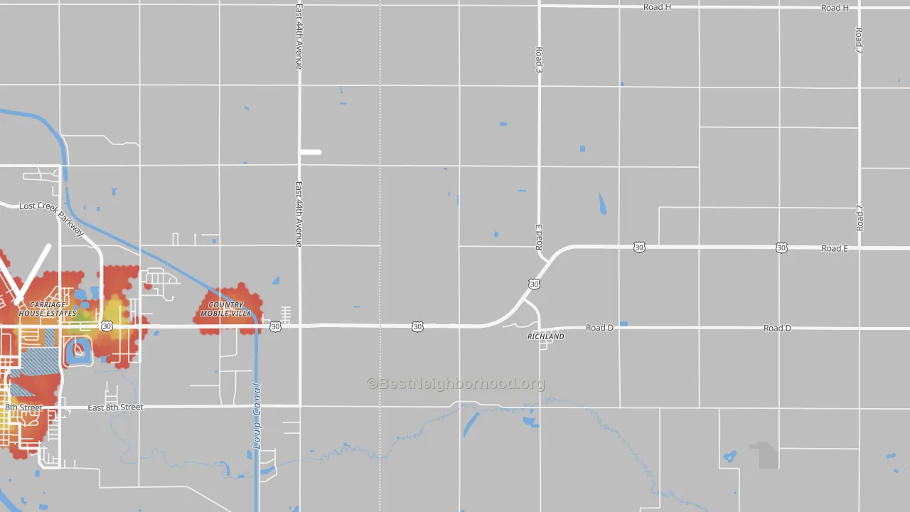 Walk Grade map of Richland, NE, walkable areas in green and car-dependent areas in red