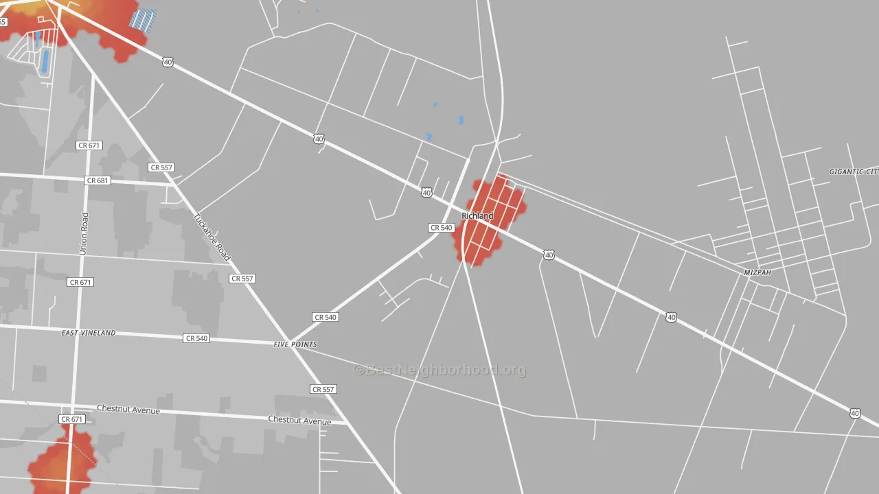 Walk Grade map of Richland, NJ, walkable areas in green and car-dependent areas in red