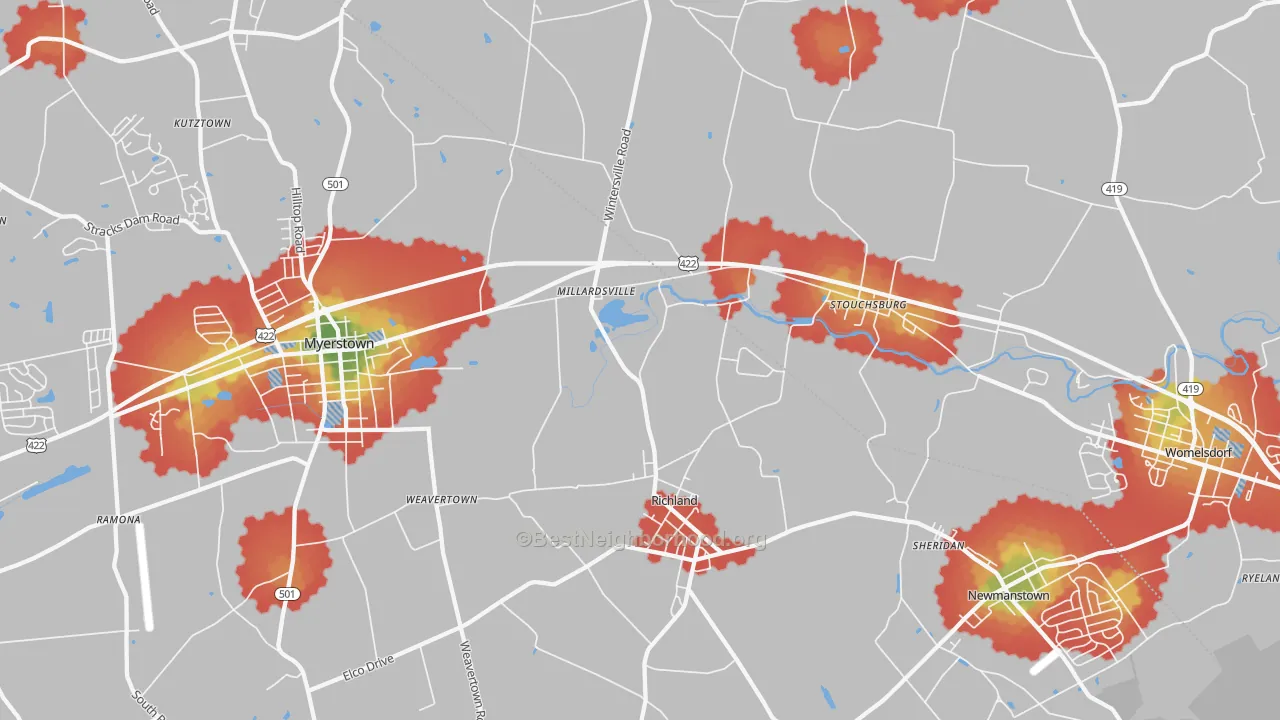 Walk Grade map of Richland, PA, walkable areas in green and car-dependent areas in red