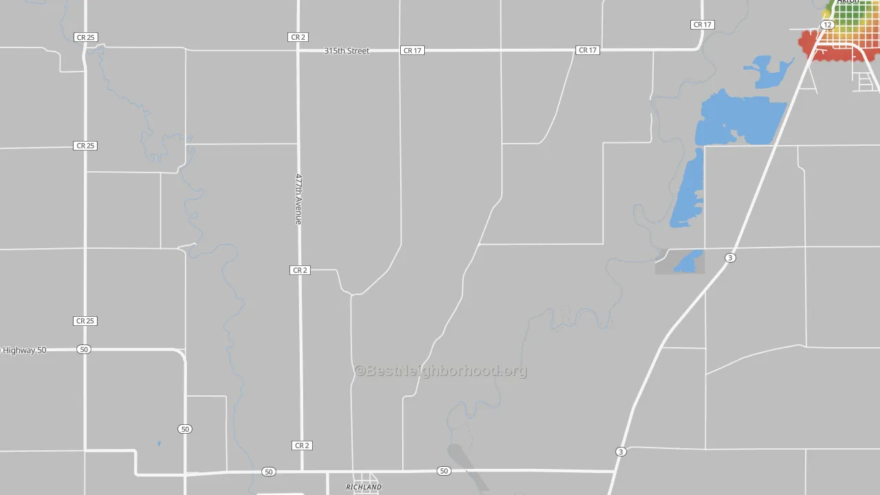 Walk Grade map of Richland, SD, walkable areas in green and car-dependent areas in red
