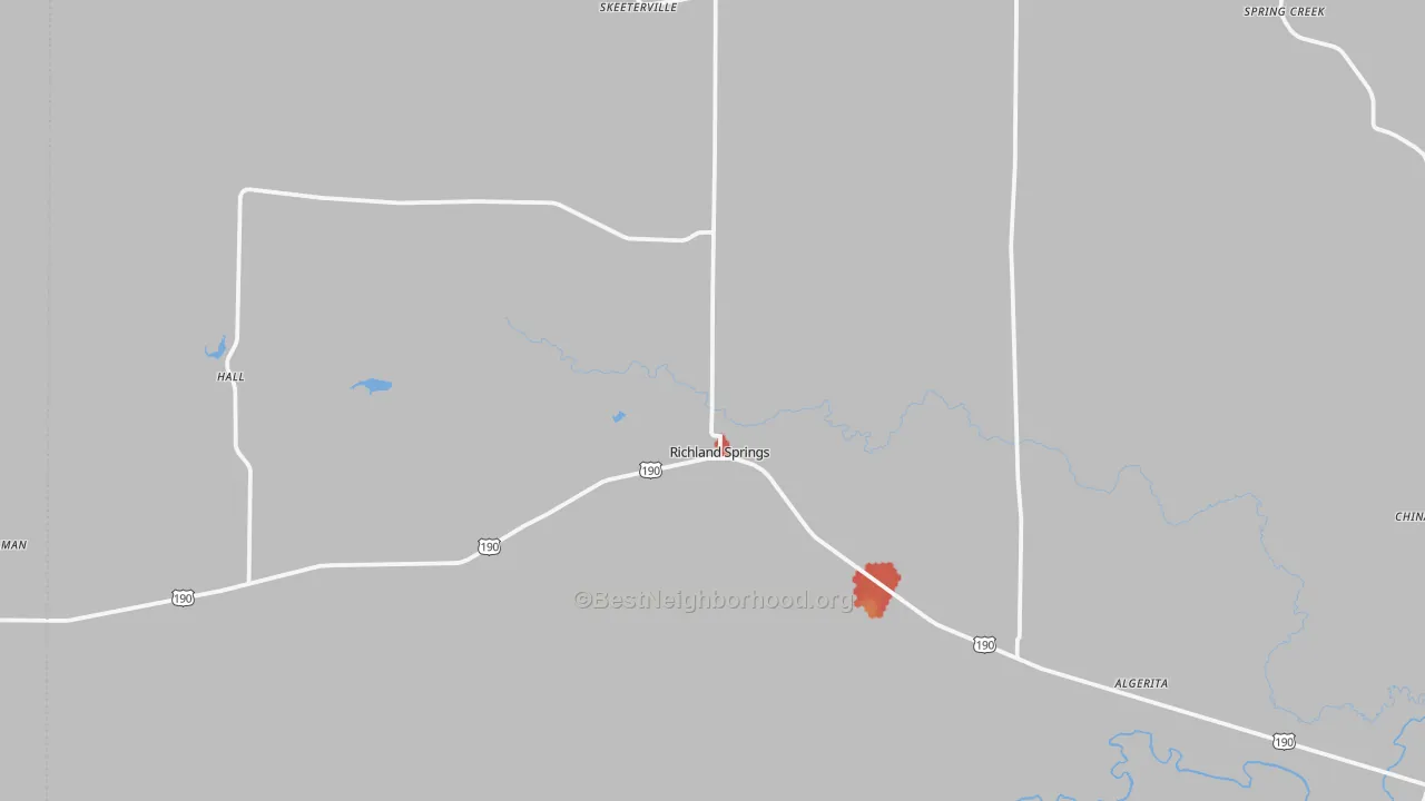 Walk Grade map of Richland Springs, TX, walkable areas in green and car-dependent areas in red