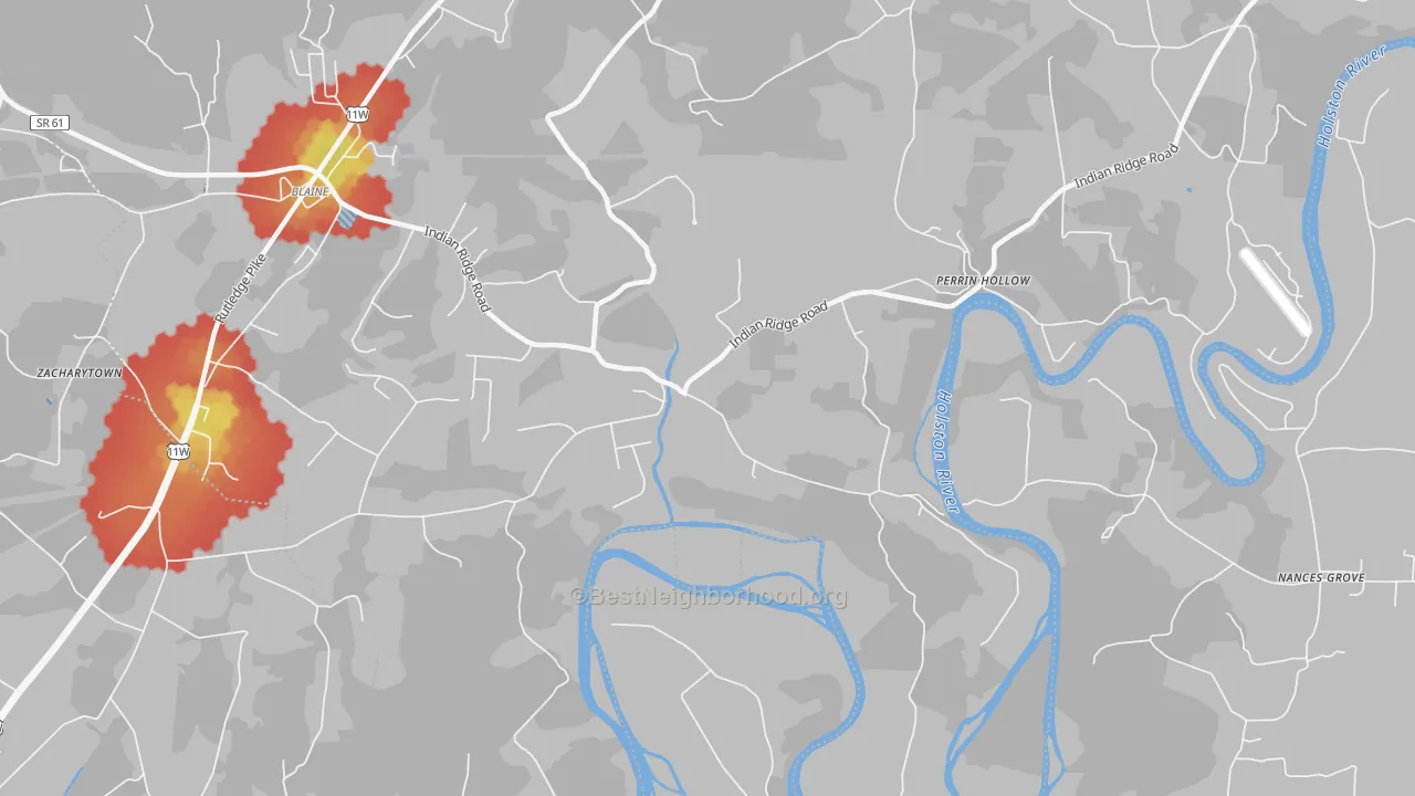 Walk Grade map of Richland, TN, walkable areas in green and car-dependent areas in red