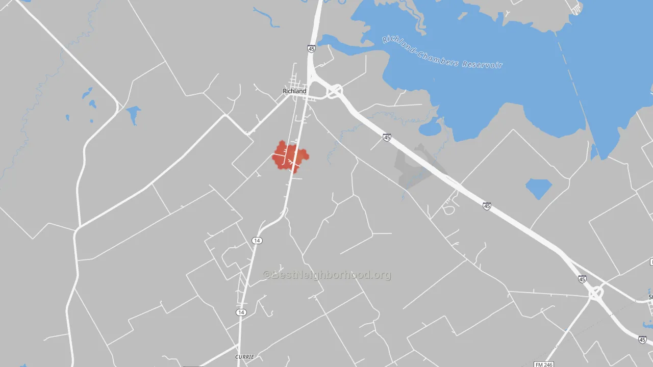 Walk Grade map of Richland, TX, walkable areas in green and car-dependent areas in red