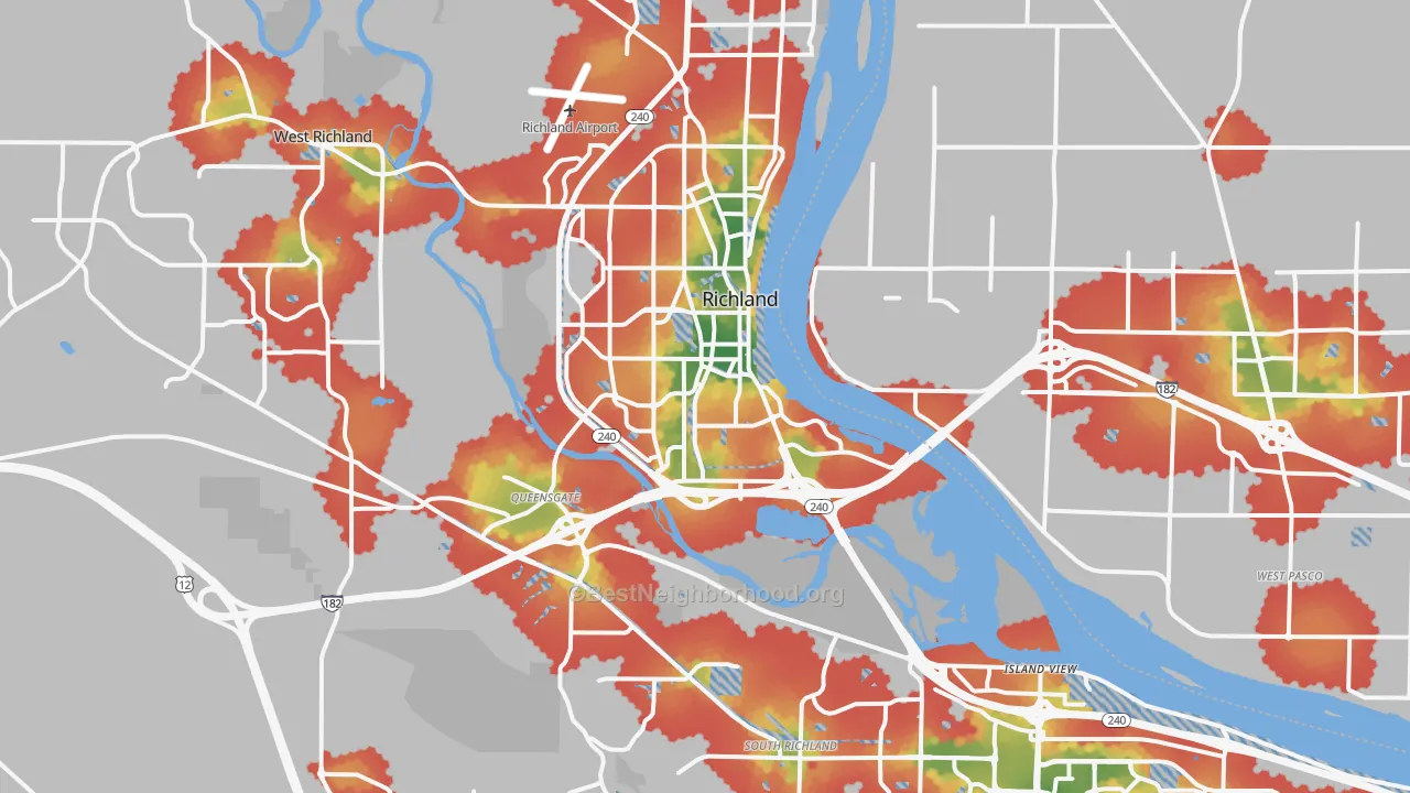Walk Grade map of Richland, WA, walkable areas in green and car-dependent areas in red