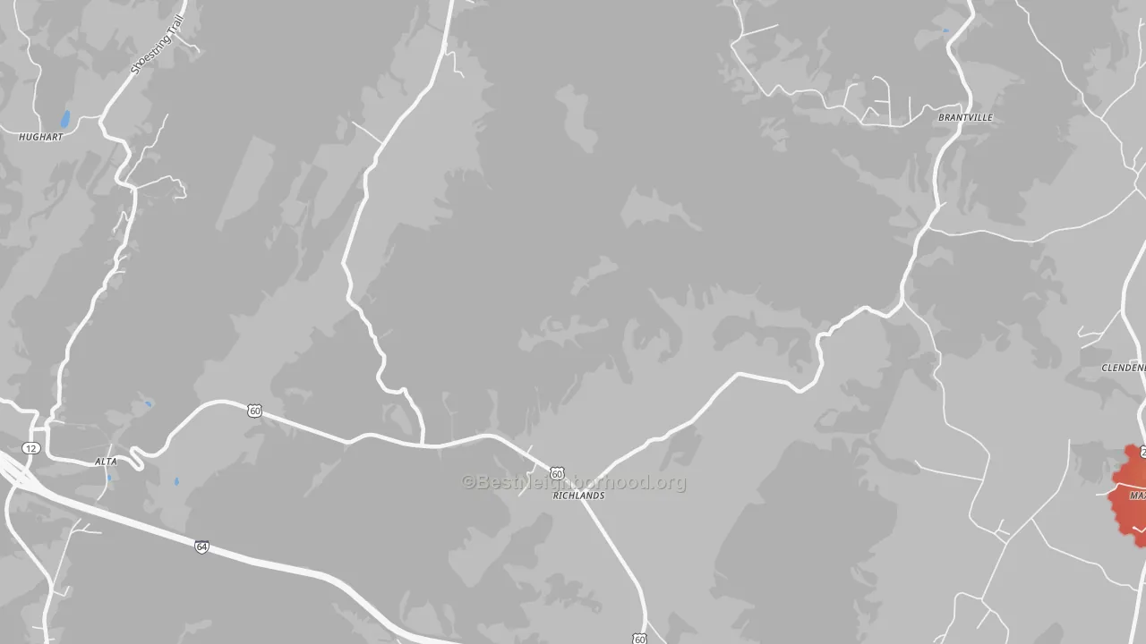 Walk Grade map of Richland, WV, walkable areas in green and car-dependent areas in red