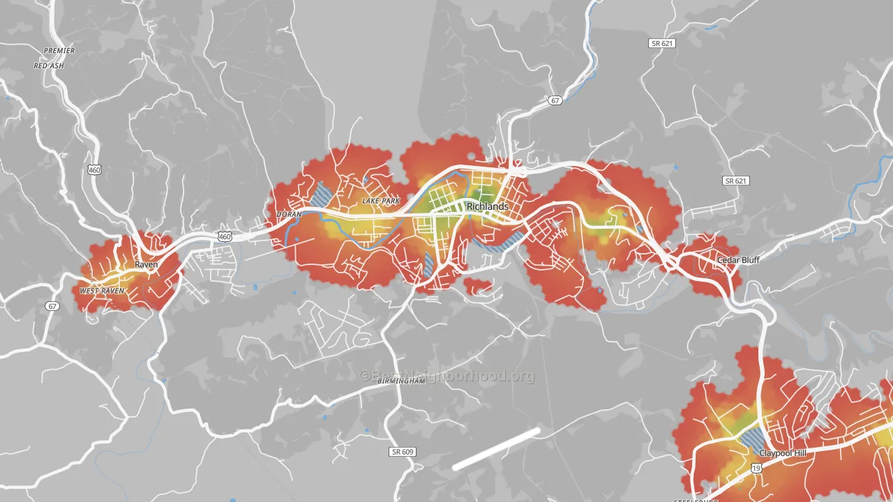 Walk Grade map of Richlands, VA, walkable areas in green and car-dependent areas in red