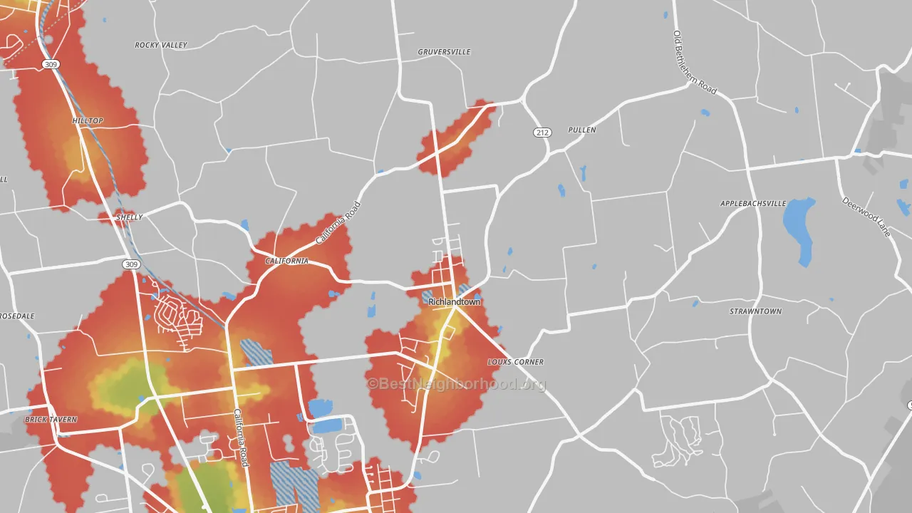 Walk Grade map of Richlandtown, PA, walkable areas in green and car-dependent areas in red