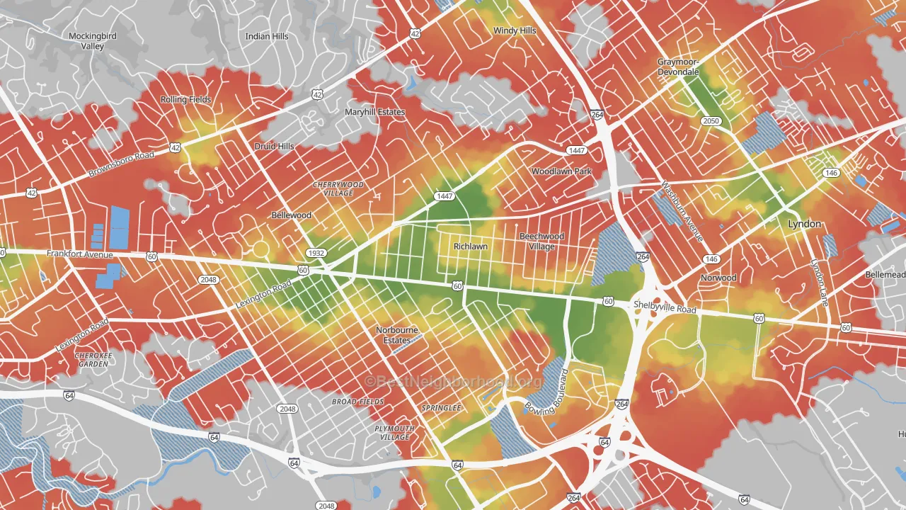 Walk Grade map of Richlawn, KY, walkable areas in green and car-dependent areas in red