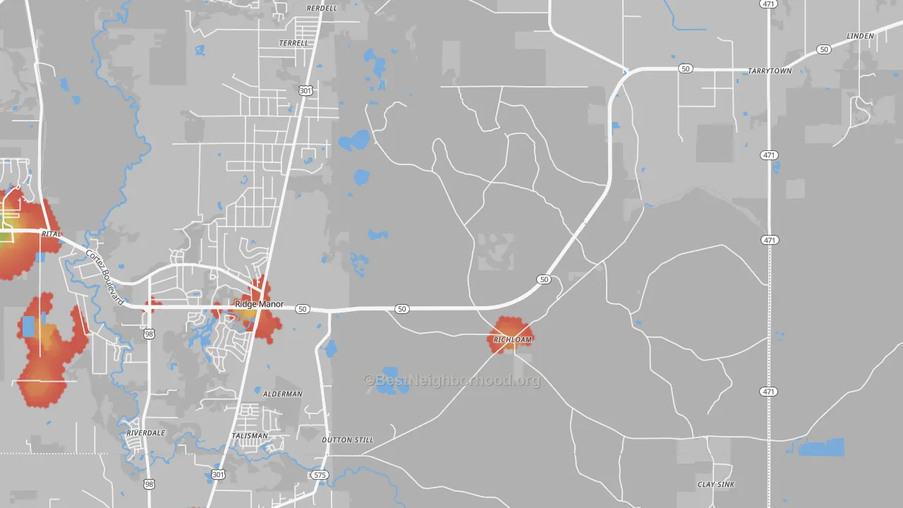 Walk Grade map of Richloam, FL, walkable areas in green and car-dependent areas in red