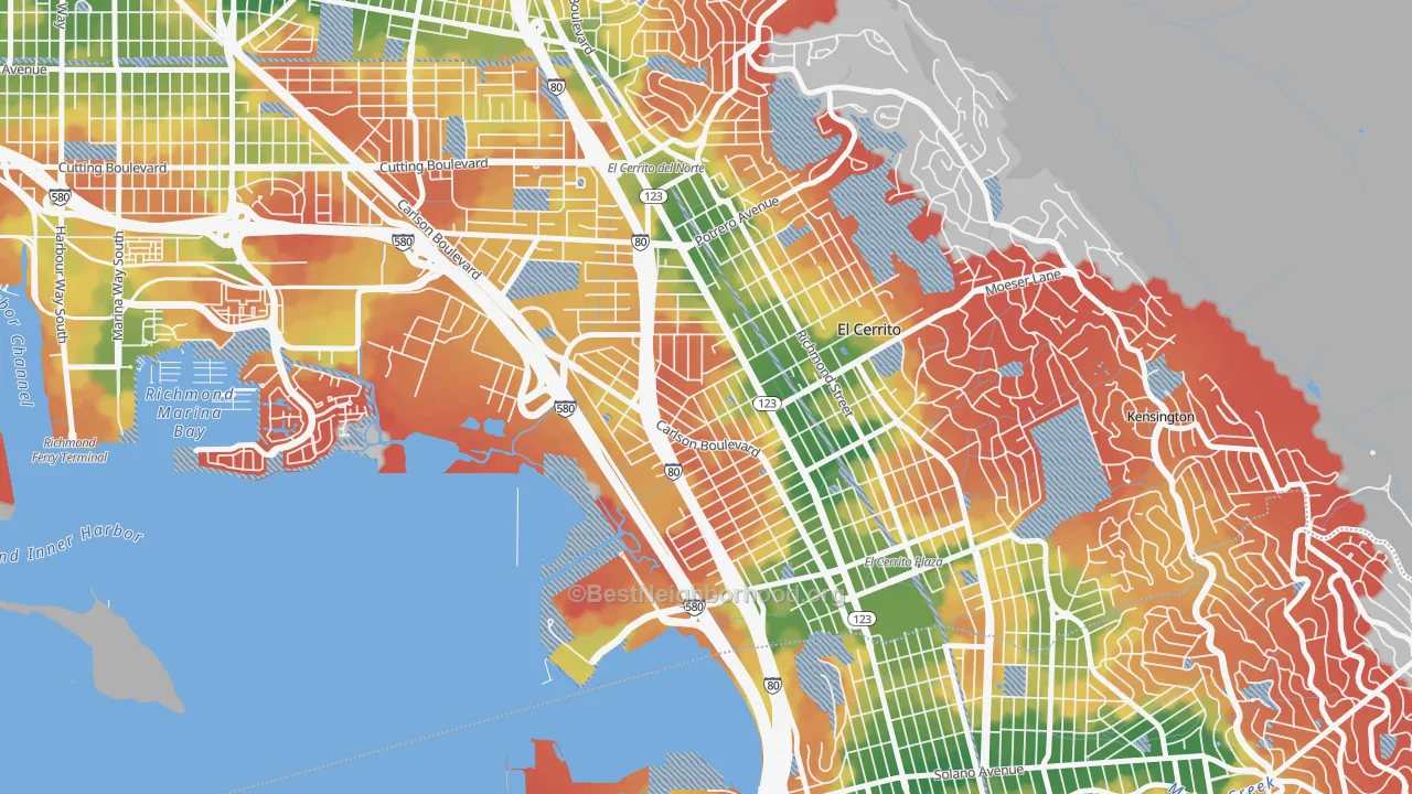 Walk Grade map of Richmond Annex, Richmond, CA, walkable areas in green and car-dependent areas in red