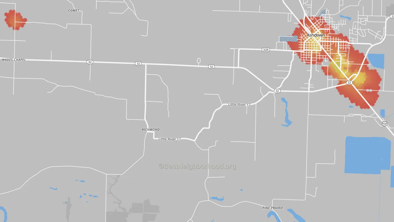 Walk Grade map of Richmond, AR, walkable areas in green and car-dependent areas in red