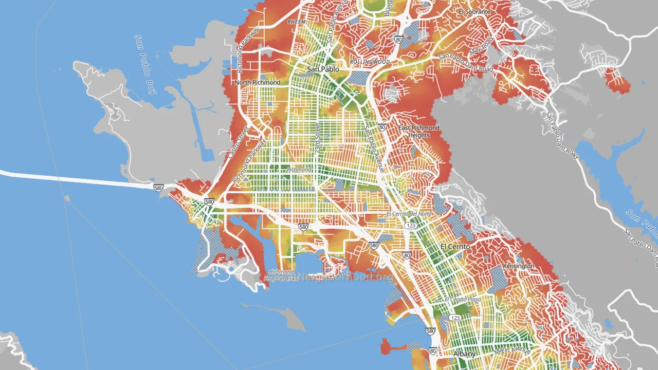 Walk Grade map of Richmond, CA, walkable areas in green and car-dependent areas in red