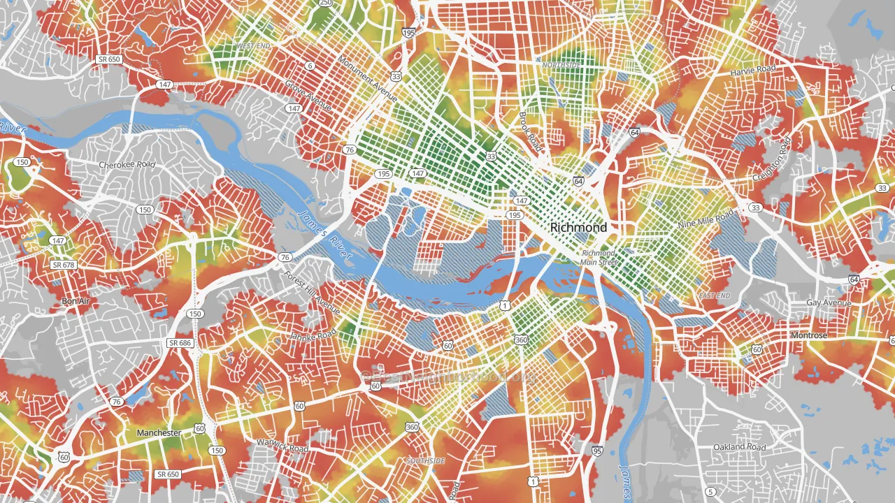 Walk Grade map of Richmond City, VA, walkable areas in green and car-dependent areas in red