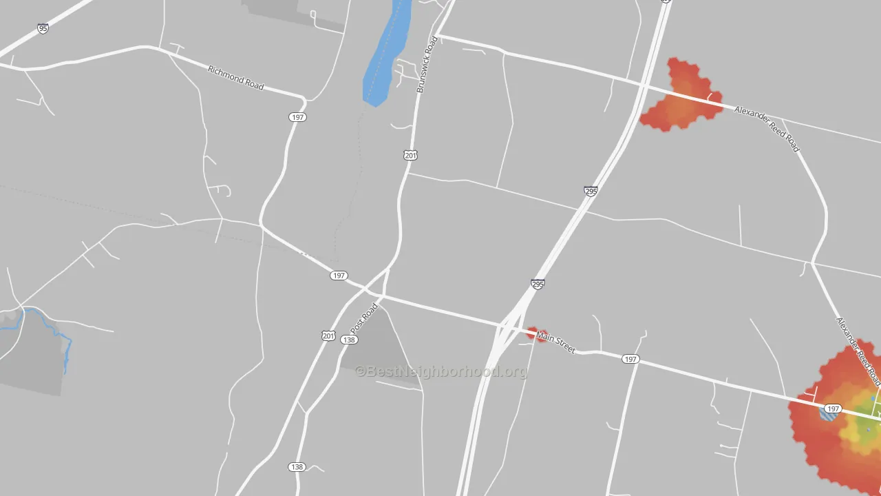 Walk Grade map of Richmond Corner, ME, walkable areas in green and car-dependent areas in red