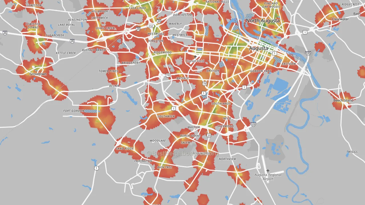 Walk Grade map of Richmond County, GA, walkable areas in green and car-dependent areas in red