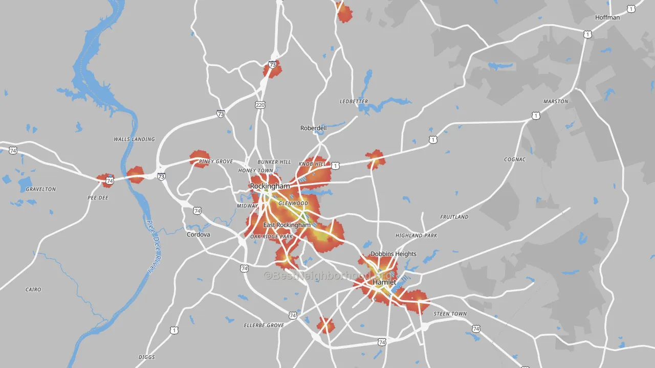 Walk Grade map of Richmond County, NC, walkable areas in green and car-dependent areas in red