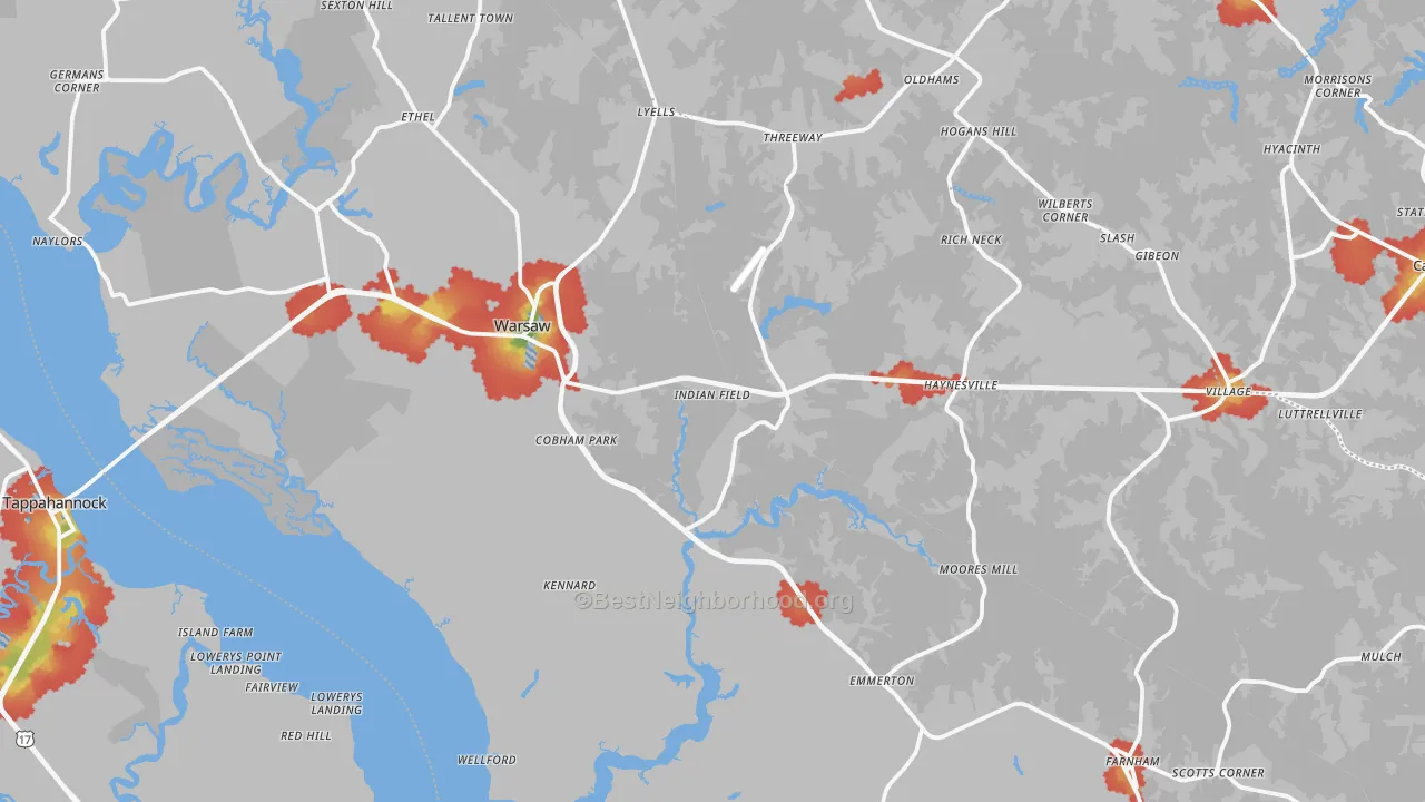 Walk Grade map of Richmond County, VA, walkable areas in green and car-dependent areas in red