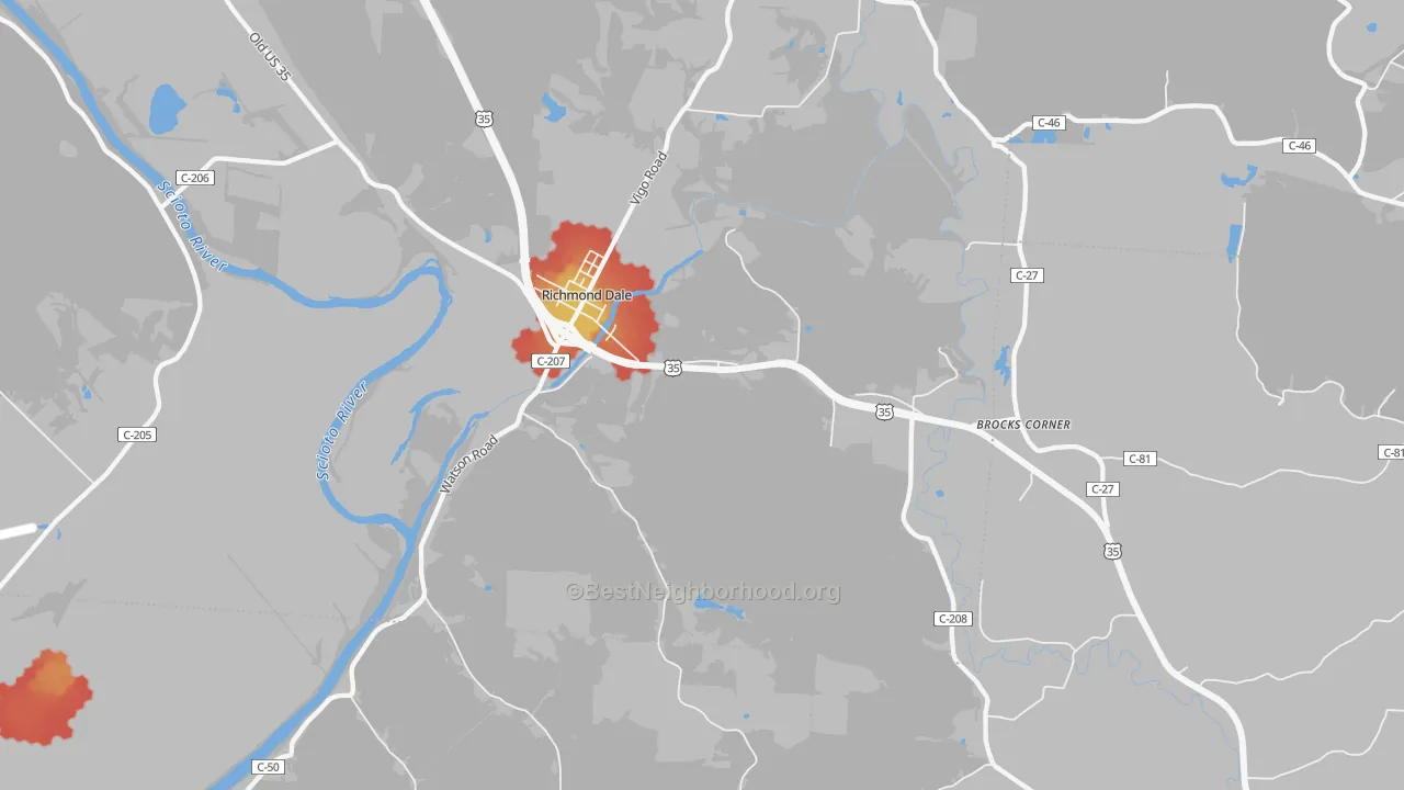 Walk Grade map of Richmond Dale, OH, walkable areas in green and car-dependent areas in red