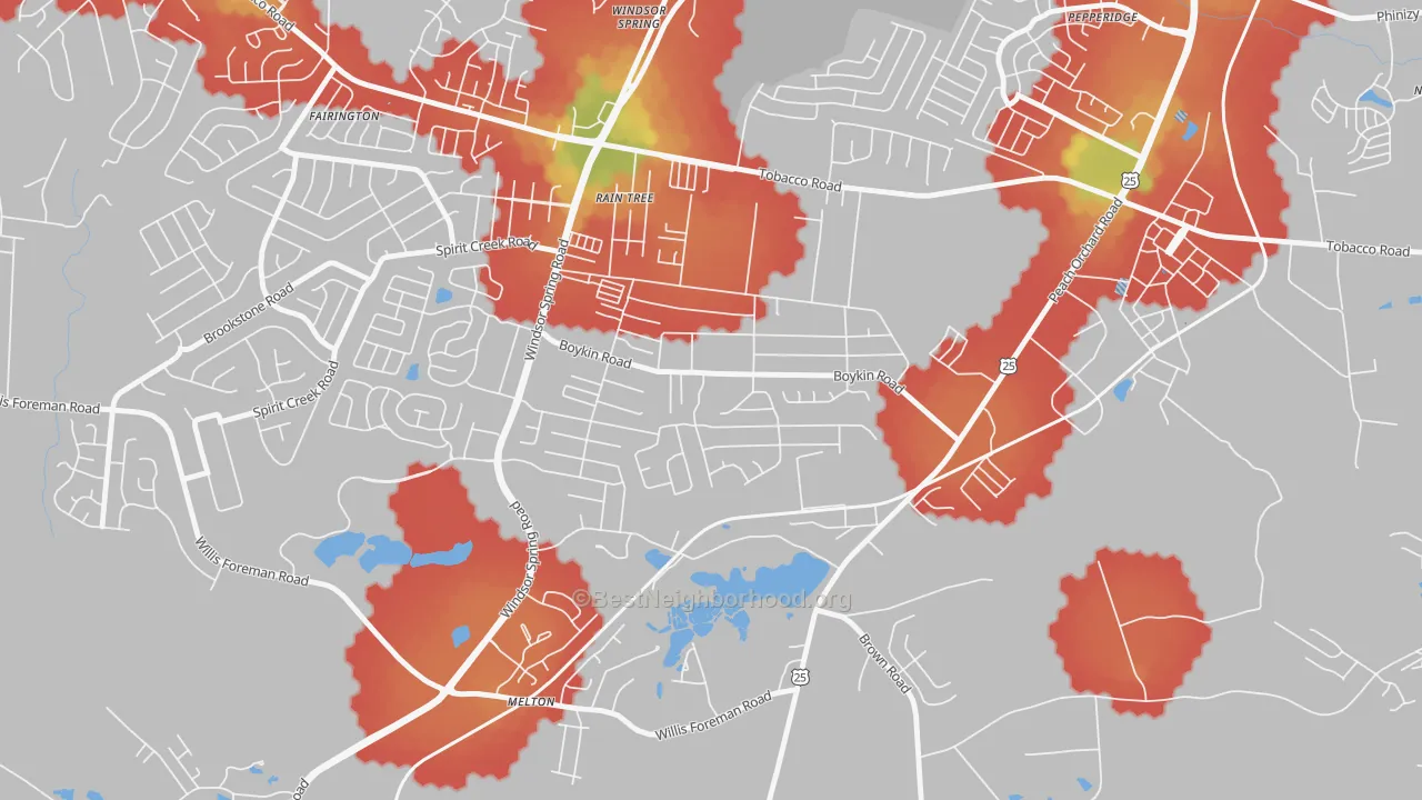 Walk Grade map of Richmond Factory, Augusta, GA, walkable areas in green and car-dependent areas in red
