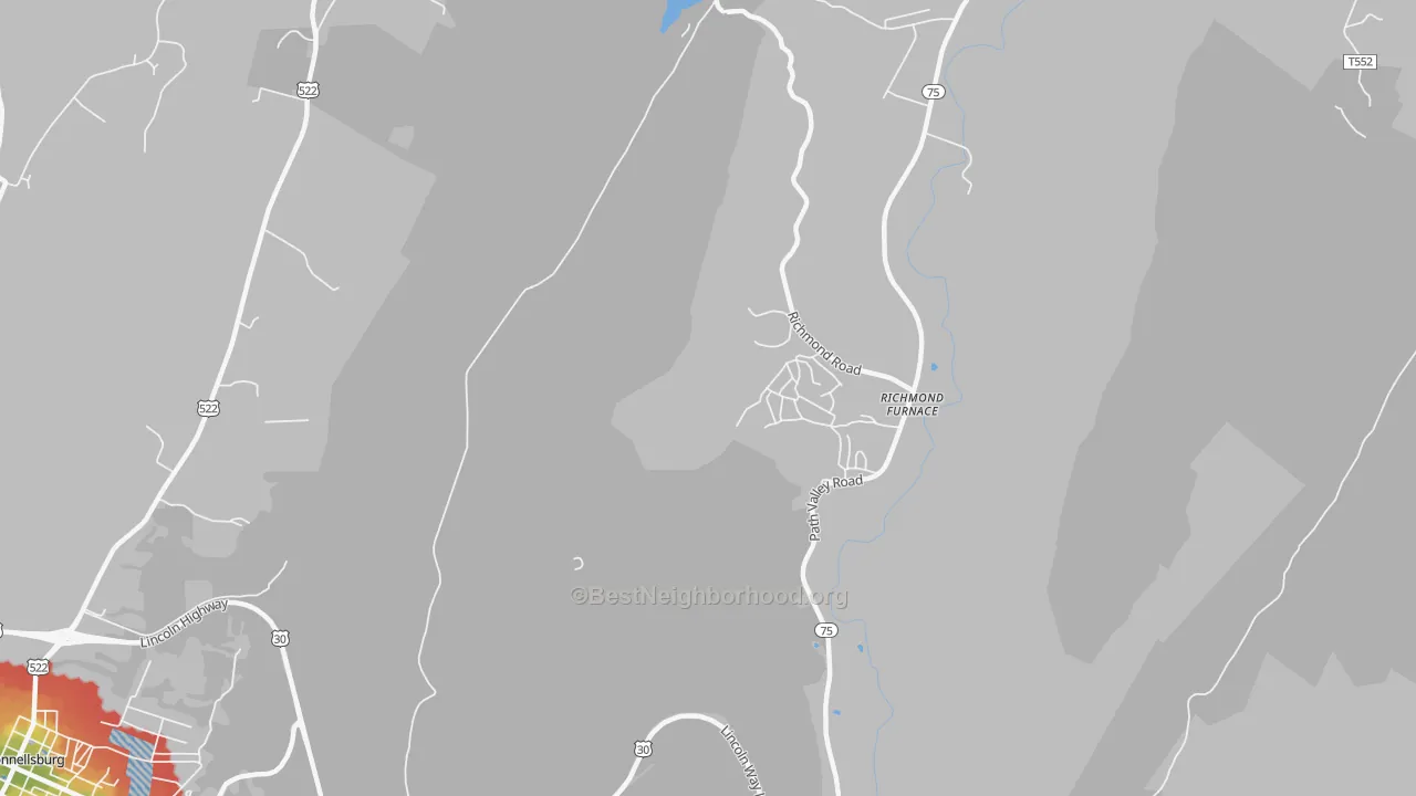 Walk Grade map of Richmond Furnace, PA, walkable areas in green and car-dependent areas in red