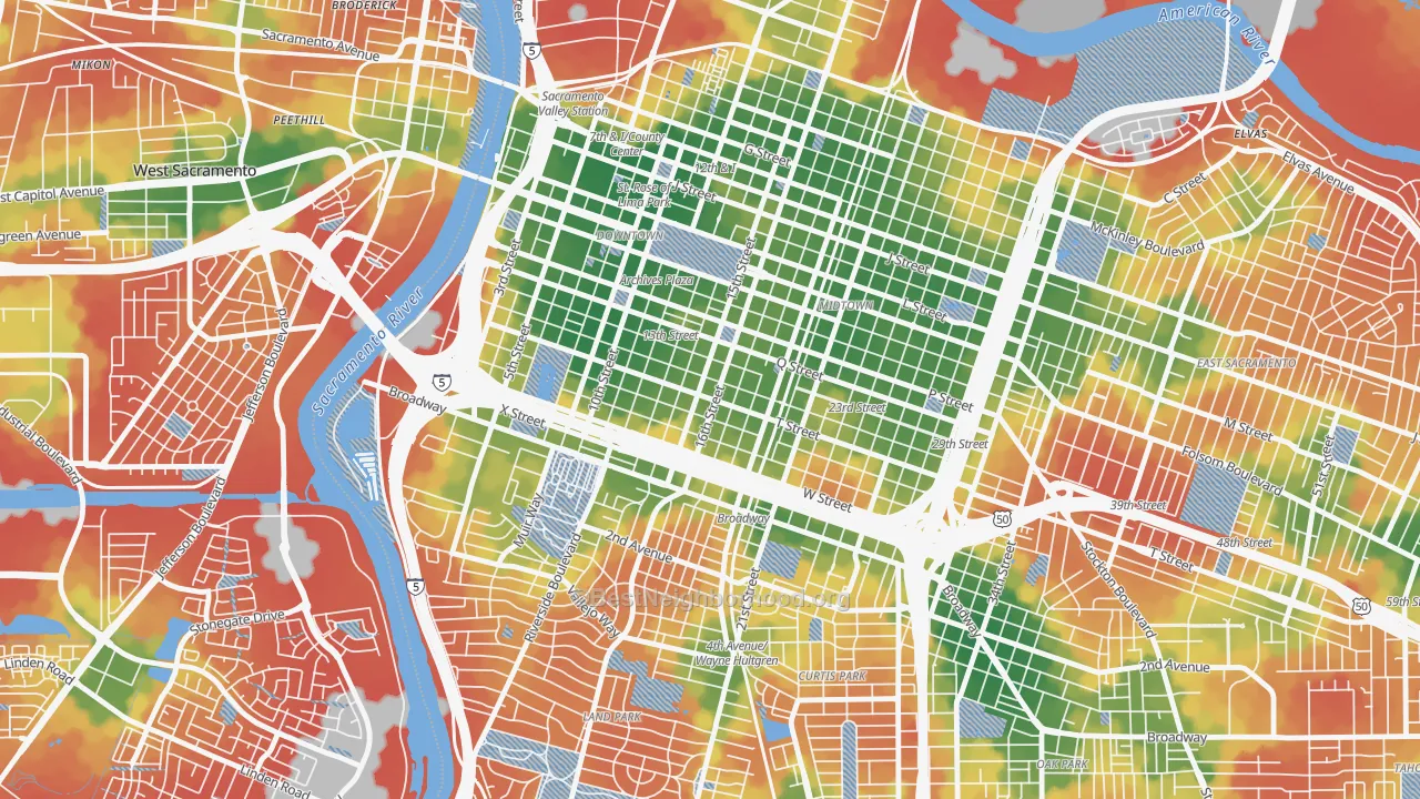 Walk Grade map of Richmond Grove, Sacramento, CA, walkable areas in green and car-dependent areas in red