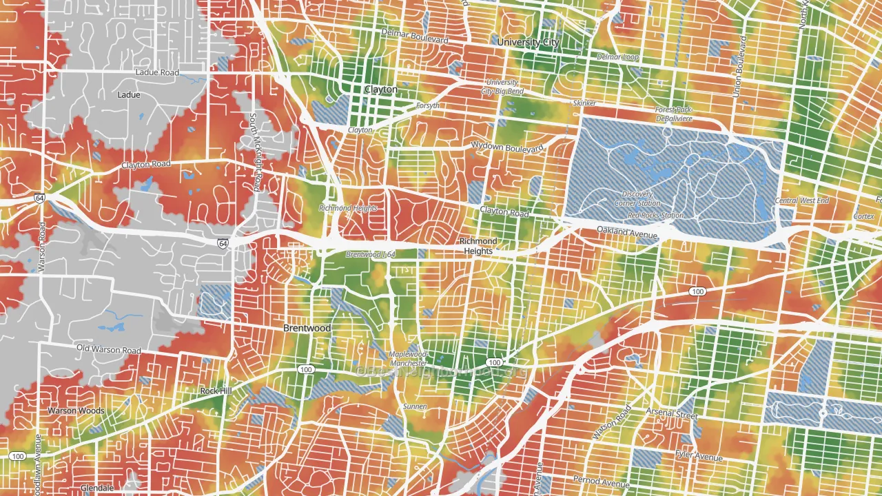 Walk Grade map of Richmond Heights, MO, walkable areas in green and car-dependent areas in red