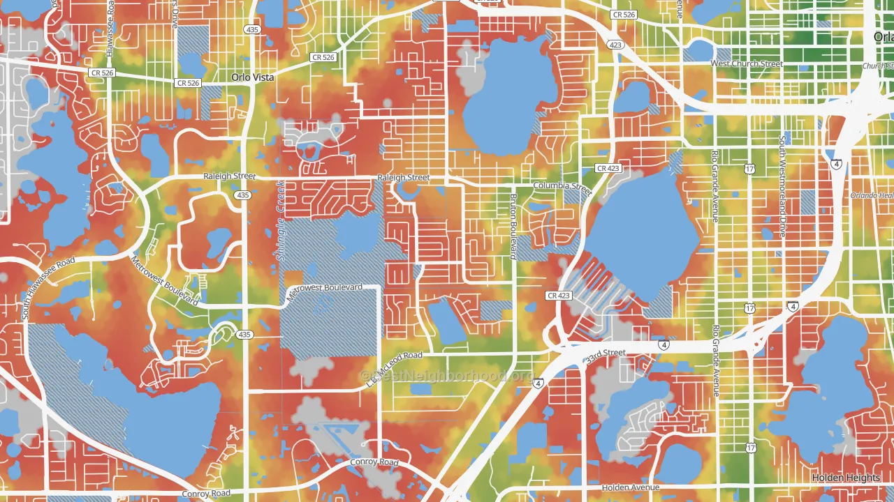 Walk Grade map of Richmond Heights-Orlando, Orlando, FL, walkable areas in green and car-dependent areas in red