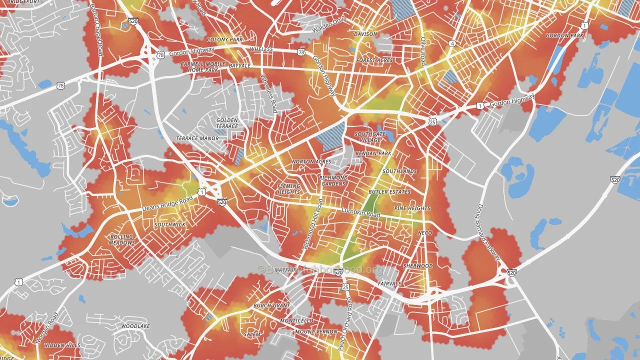 Walk Grade map of Richmond Hill, Augusta, GA, walkable areas in green and car-dependent areas in red