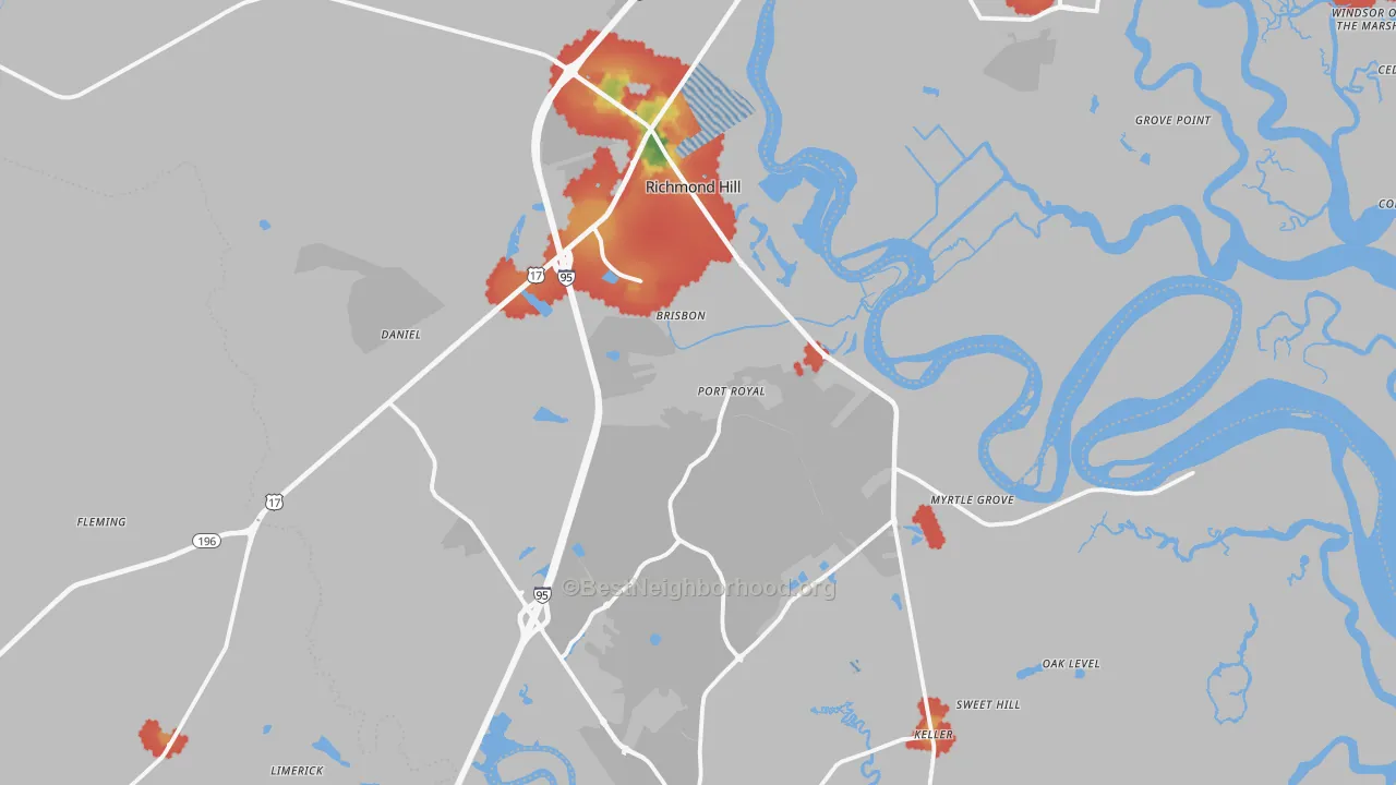 Walk Grade map of Richmond Hill, GA, walkable areas in green and car-dependent areas in red