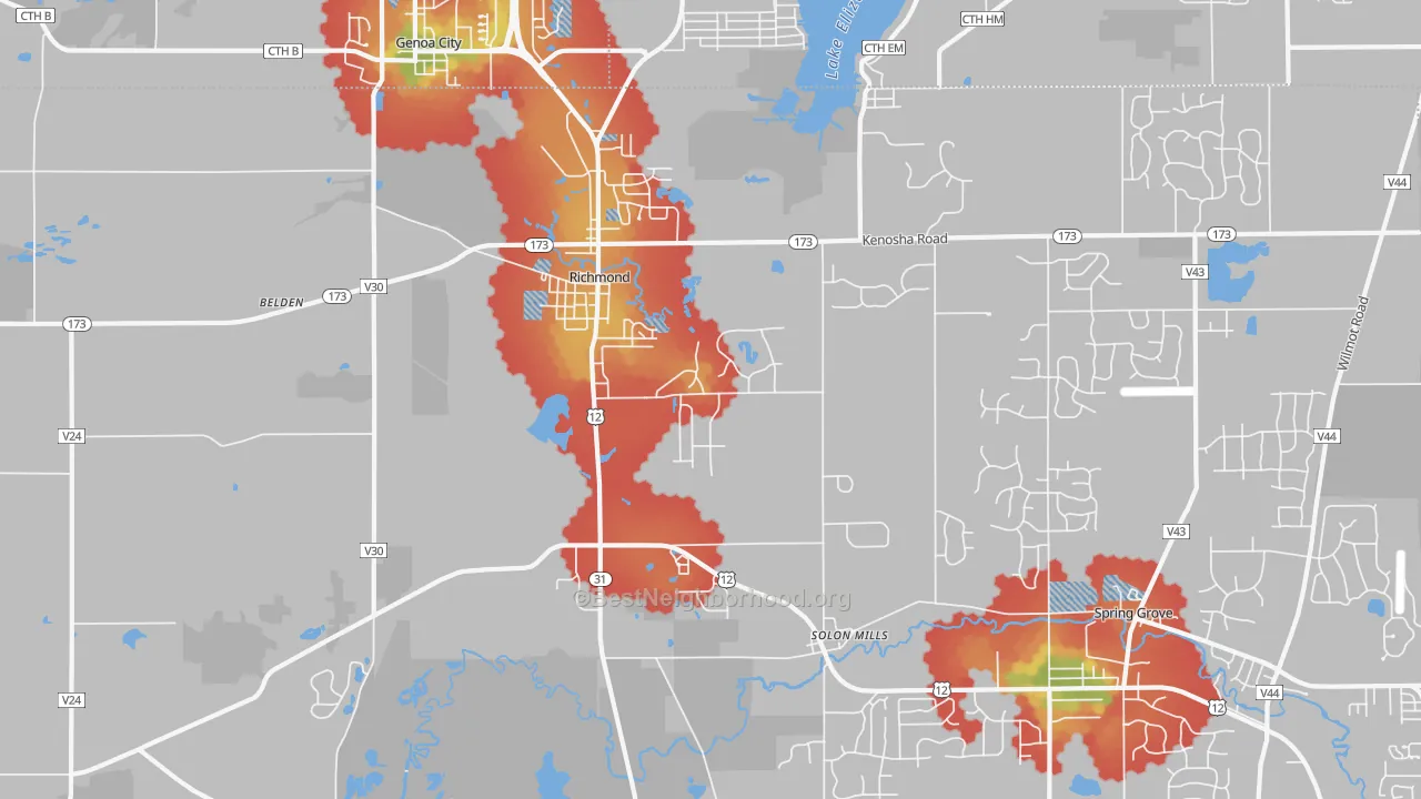 Walk Grade map of Richmond, IL, walkable areas in green and car-dependent areas in red