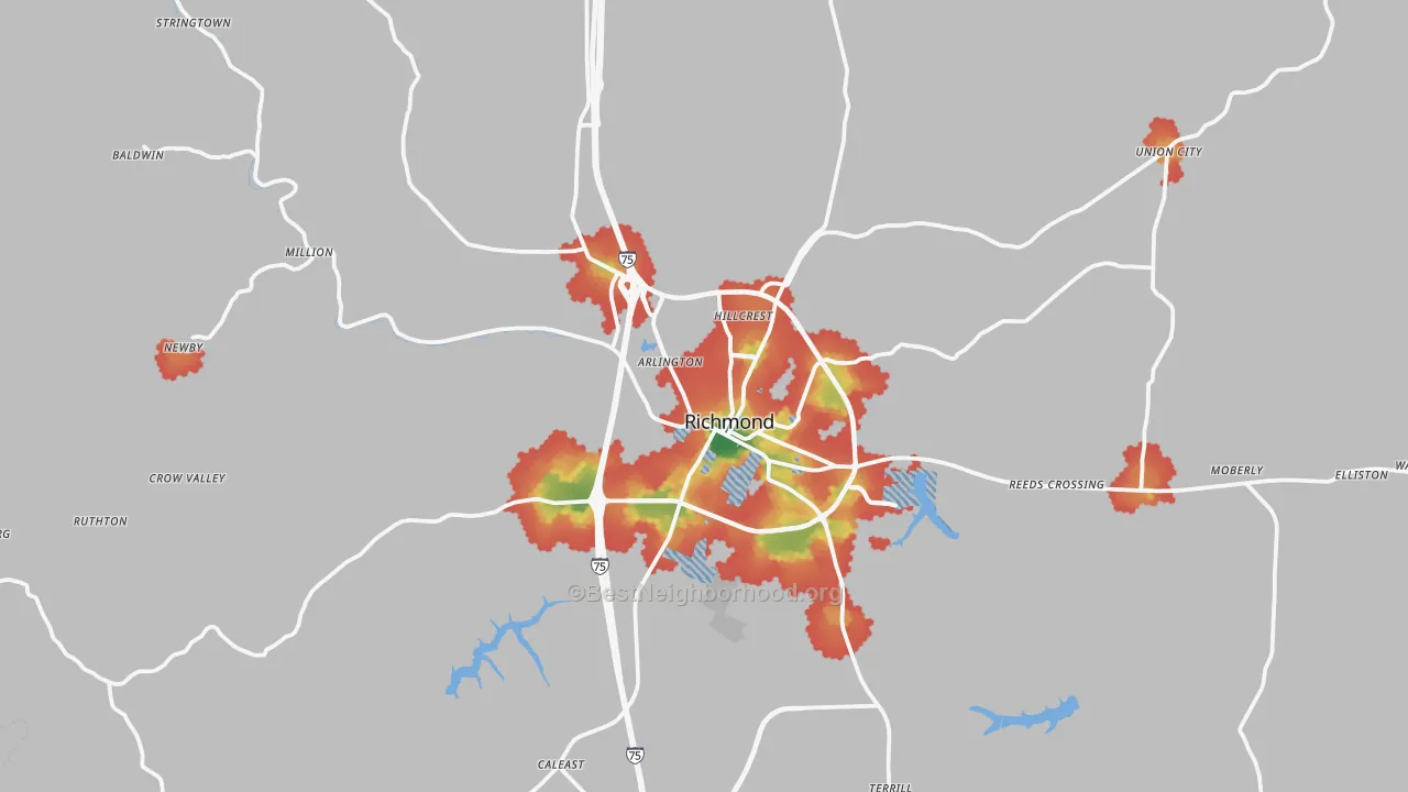 Walk Grade map of Richmond, KY, walkable areas in green and car-dependent areas in red