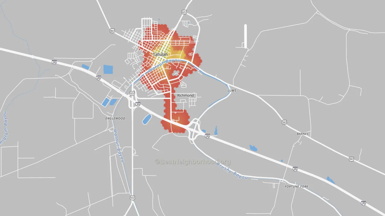 Walk Grade map of Richmond, LA, walkable areas in green and car-dependent areas in red