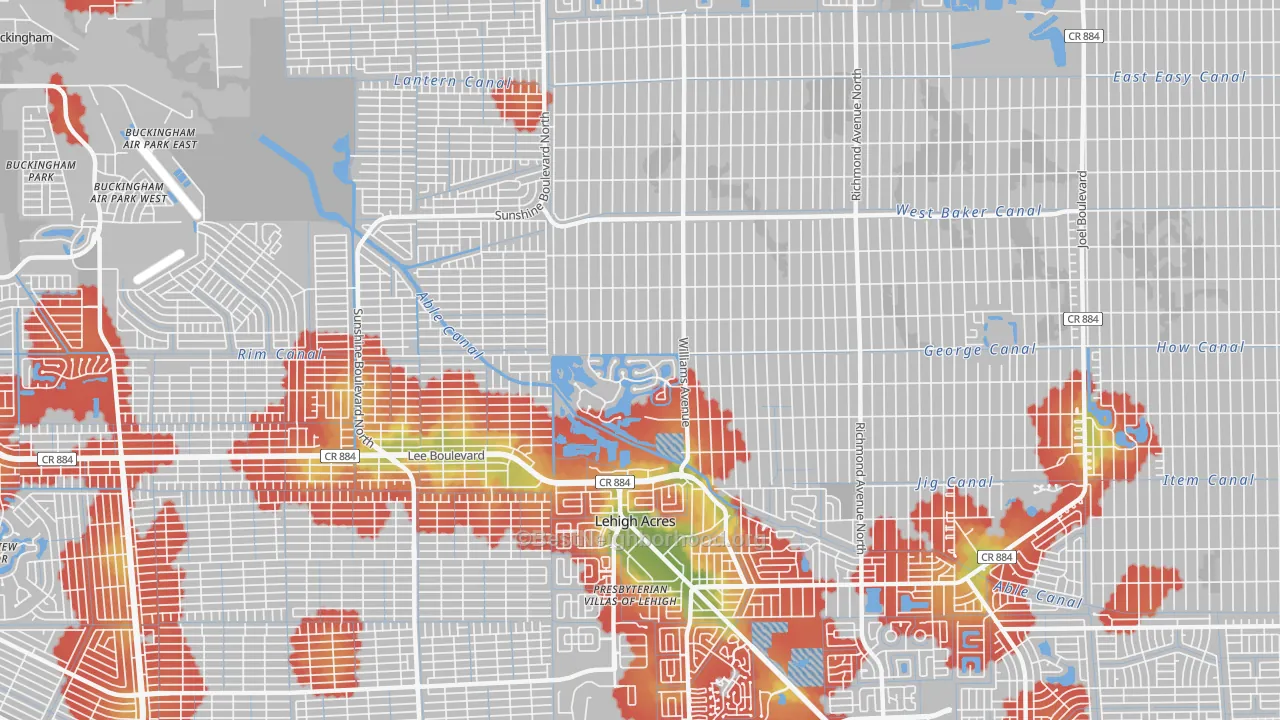 Walk Grade map of Richmond, Lehigh Acres, FL, walkable areas in green and car-dependent areas in red