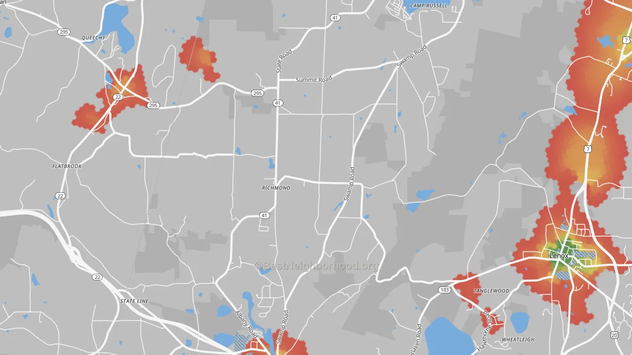 Walk Grade map of Richmond, MA, walkable areas in green and car-dependent areas in red