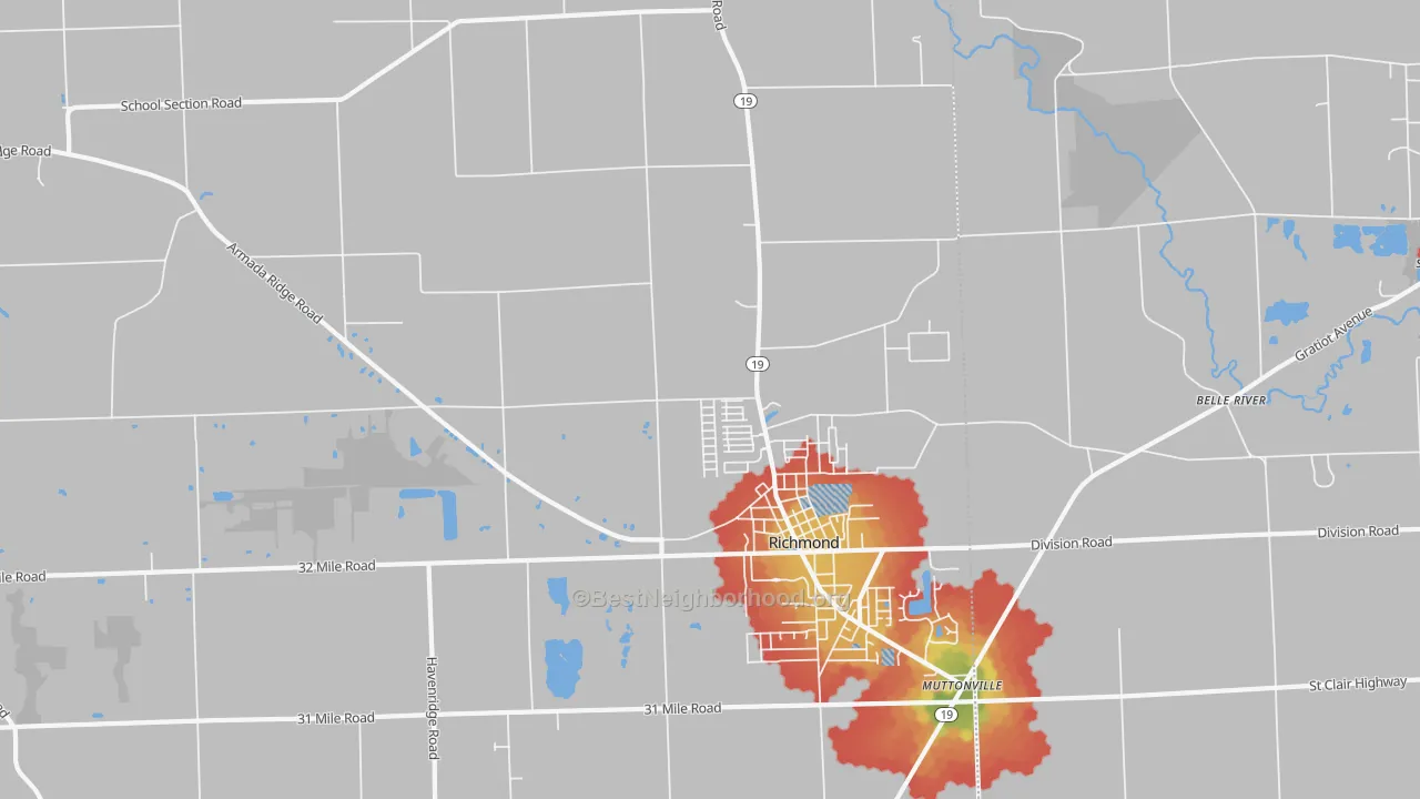 Walk Grade map of Richmond, MI, walkable areas in green and car-dependent areas in red