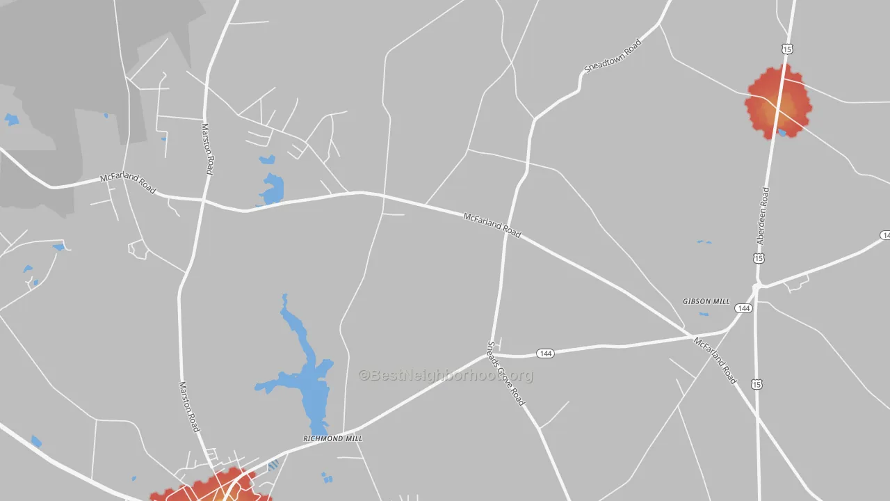 Walk Grade map of Richmond Mills, NC, walkable areas in green and car-dependent areas in red