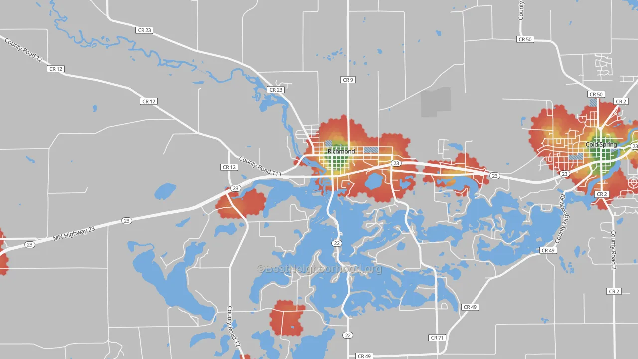 Walk Grade map of Richmond, MN, walkable areas in green and car-dependent areas in red