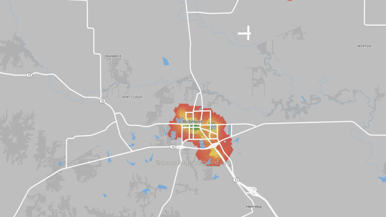 Walk Grade map of Richmond, MO, walkable areas in green and car-dependent areas in red