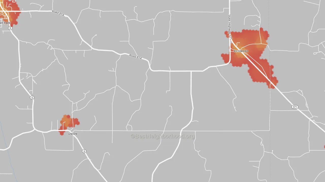 Walk Grade map of Richmond, MS, walkable areas in green and car-dependent areas in red