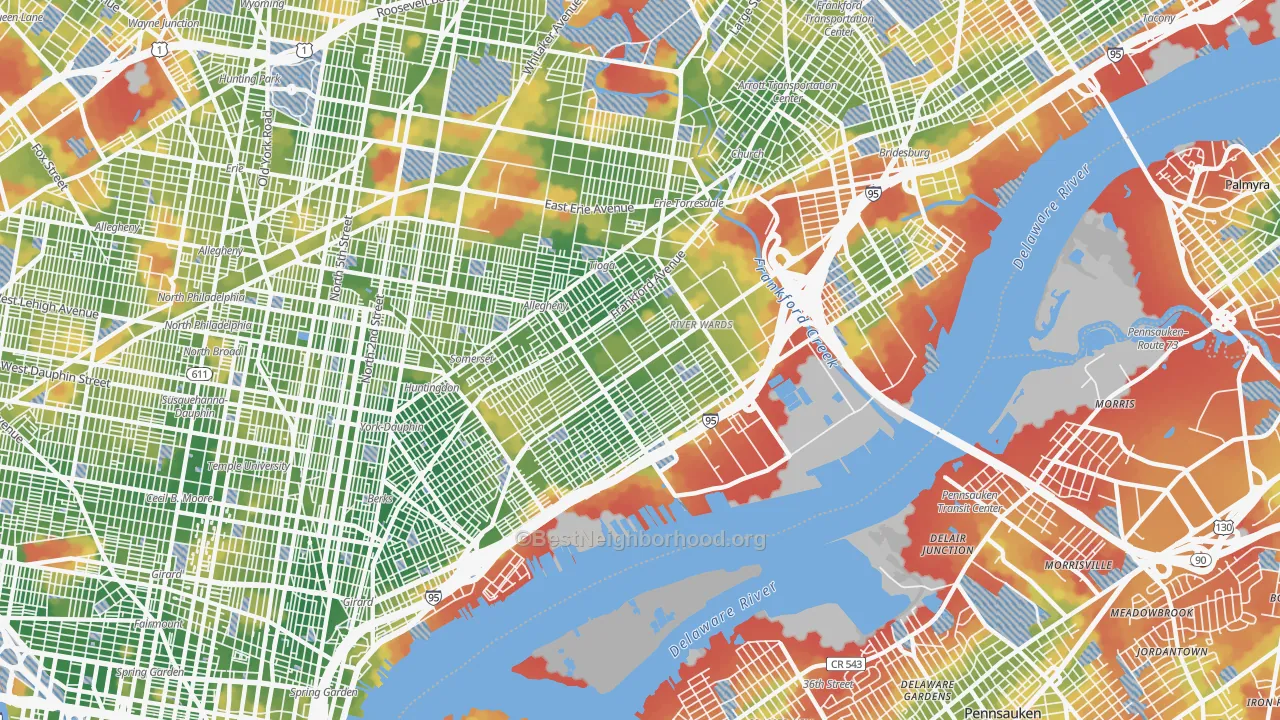 Walk Grade map of Richmond, Philadelphia, PA, walkable areas in green and car-dependent areas in red
