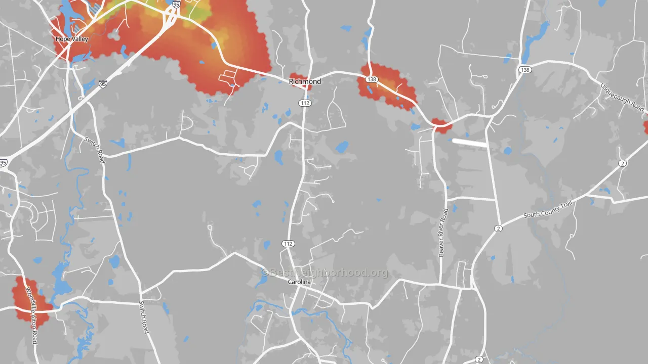 Walk Grade map of Richmond, RI, walkable areas in green and car-dependent areas in red